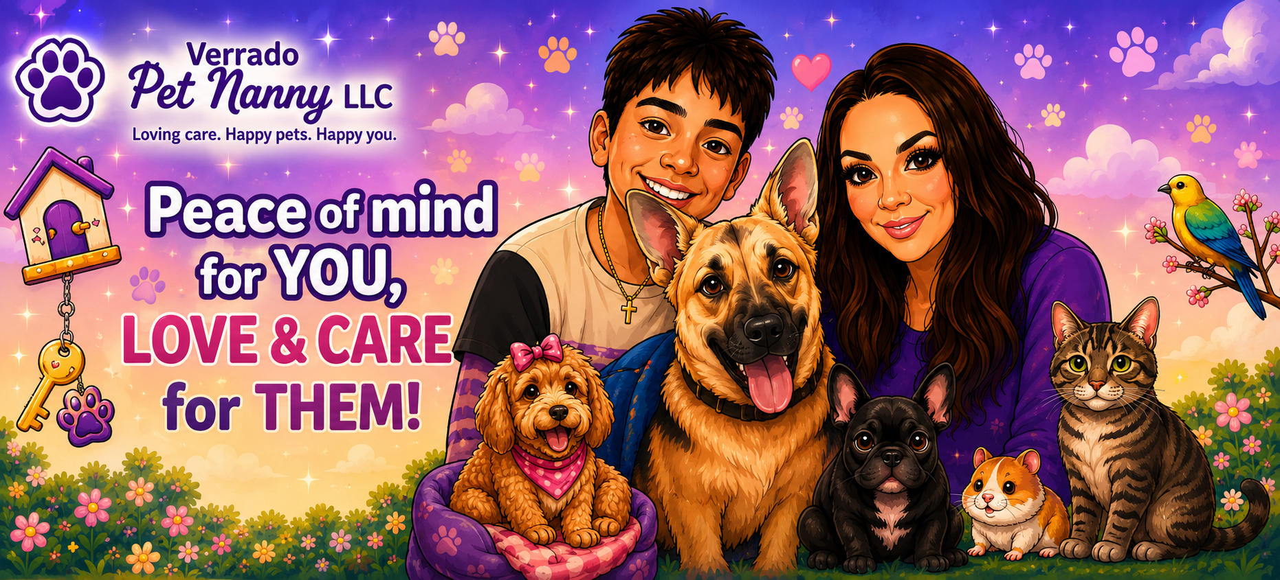 Verrado Pet Nanny LLC illustrated pet-care family banner